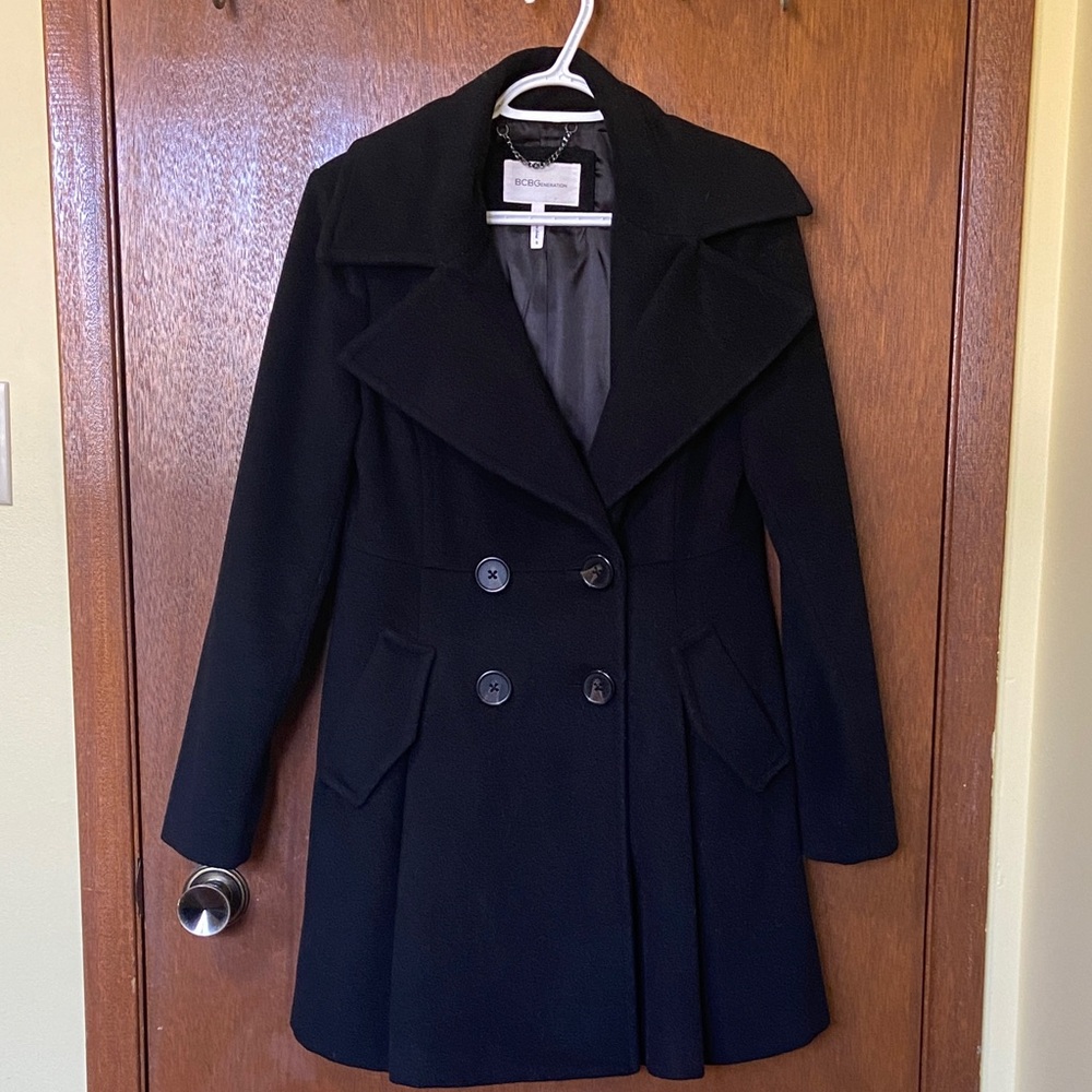 BCBGMaxAzria Black Double-Breasted Pea Coat with Wide Lapel
